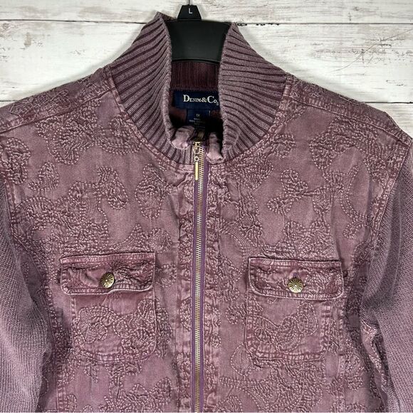DENIM & CO. Mineral Wash Burgundy Cotton And Knit Embroidered Jacket 1X - Picture 4 of 10
